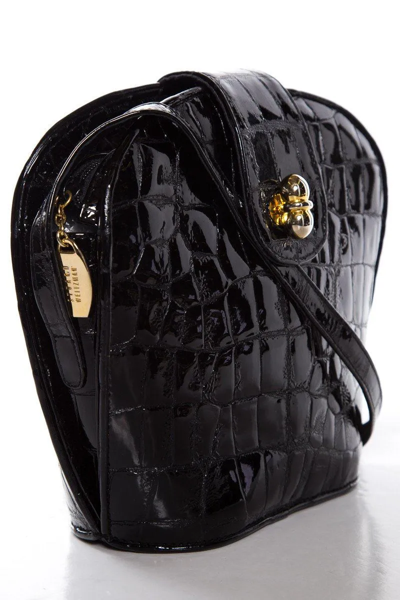 Stuart Weitzman Black Croco Embossed Patent Shoulder Bag