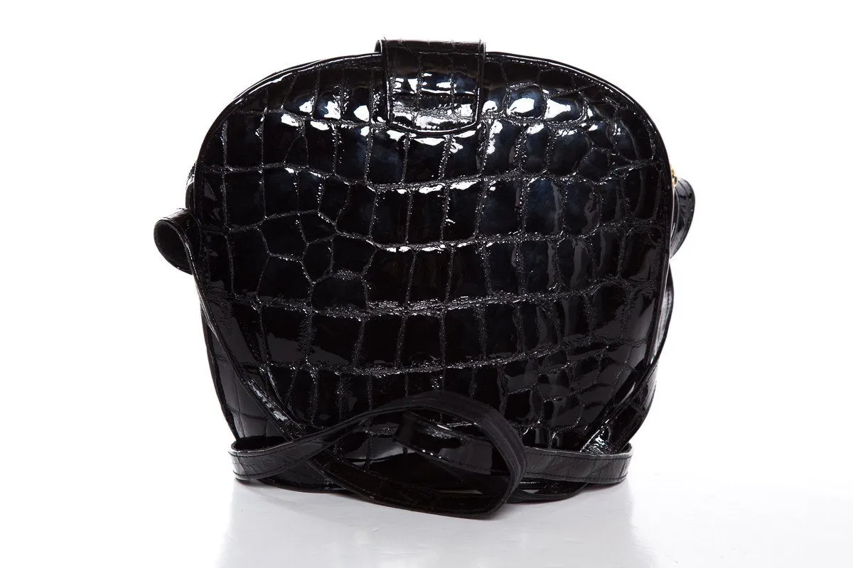Stuart Weitzman Black Croco Embossed Patent Shoulder Bag
