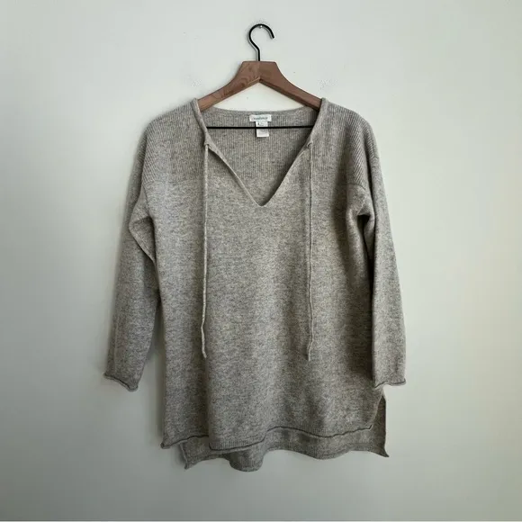 Sundance Catalog Kendall Gray 100% Cashmere Sweater Tie Neck Tunic 3/4 Sleeve
