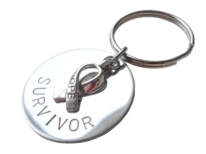 Survivor Hand Stamped Steel Disc with Small Cancer Hope Ribbon Keychain - Carry With You Hope And Strength