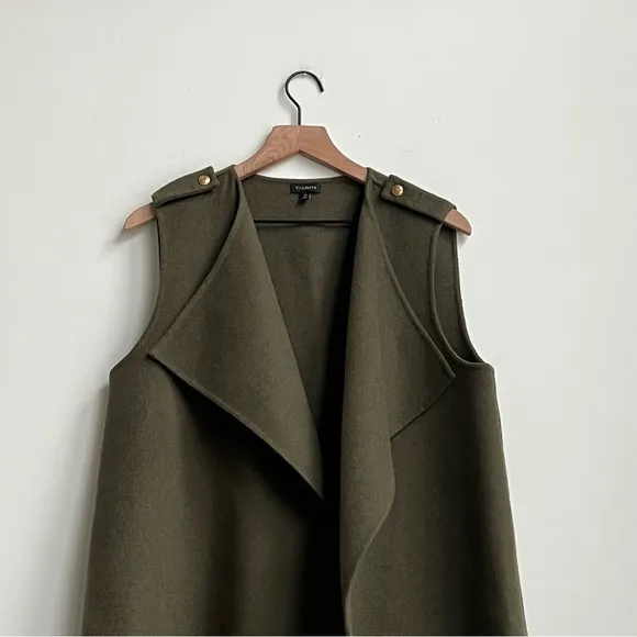 TALBOTS Olive Double Face Open Fly Away Long Vest Wool Blend Medium longline