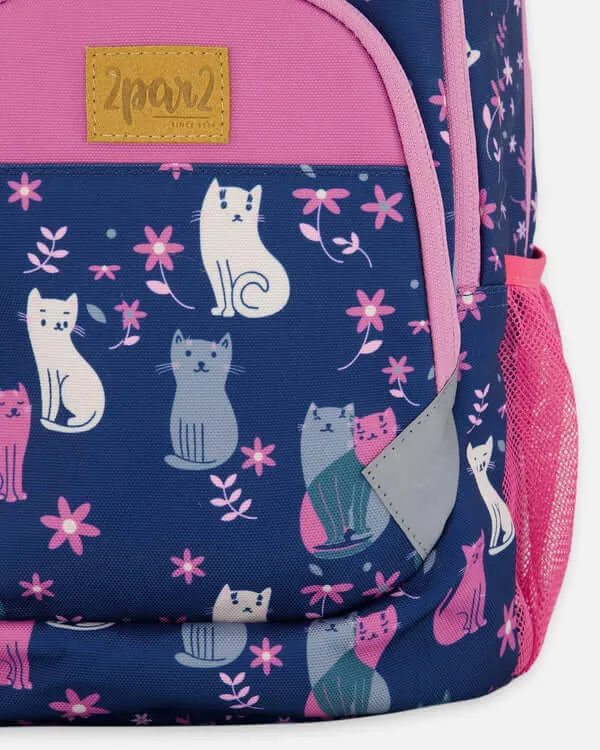 Toddler Backpack Navy Blue Printed Kitten - 16L