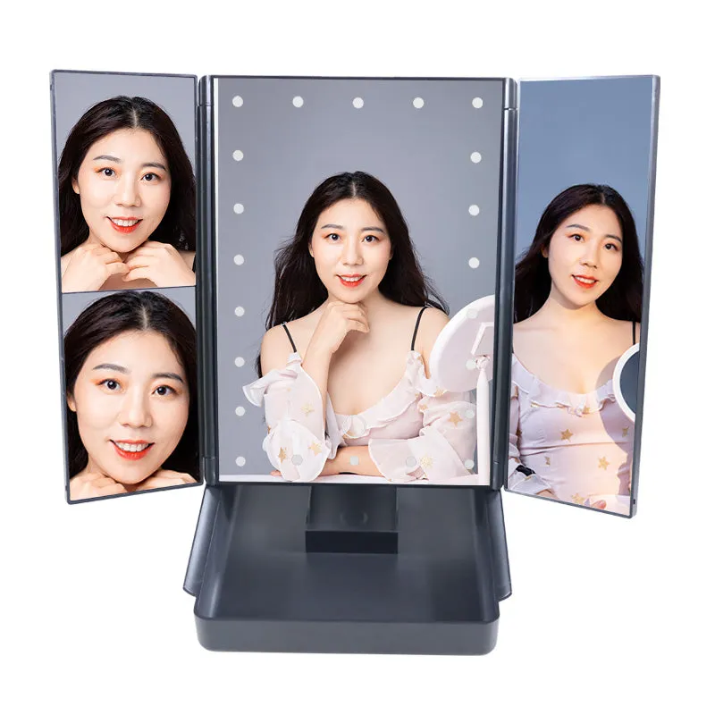 Tri-Fold Lighted Mirror with 22 LED Lights Make Up Mirror with Organizer Box