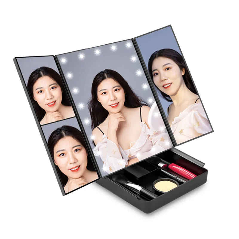 Tri-Fold Lighted Mirror with 22 LED Lights Make Up Mirror with Organizer Box