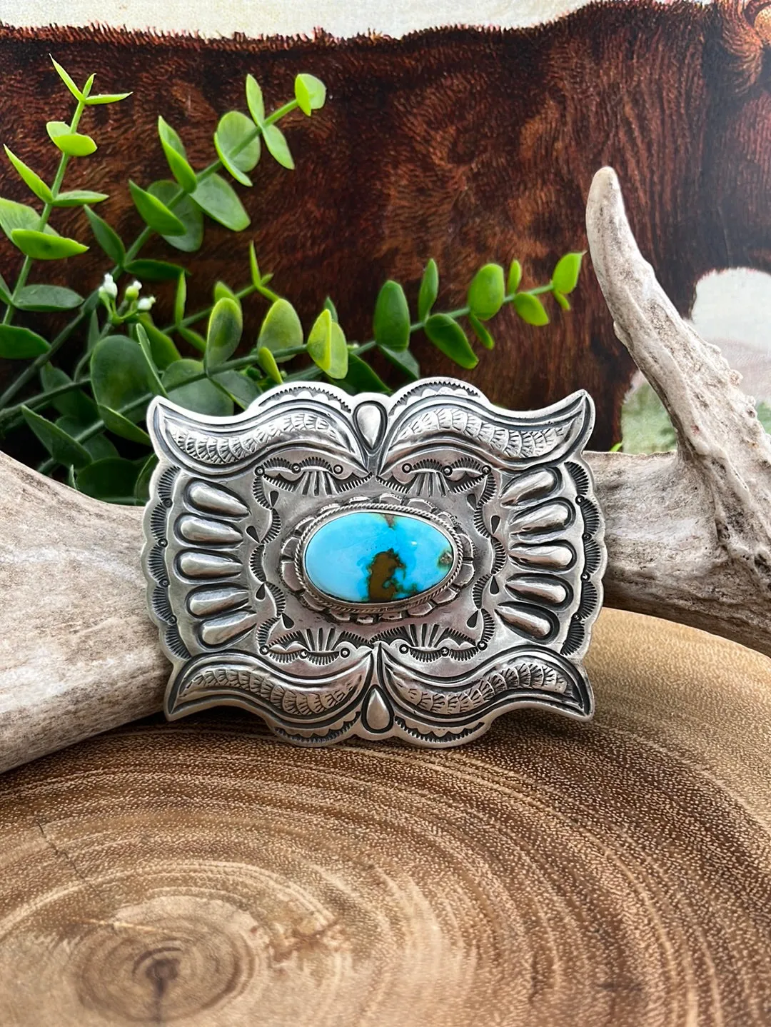 Trish Sterling Silver and Royston Turquoise Stamped Belt Buckle