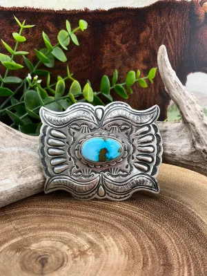 Trish Sterling Silver and Royston Turquoise Stamped Belt Buckle