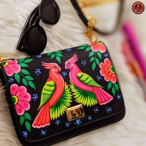 Two Parrots Black Hand Painted Clutch