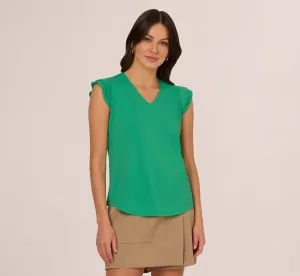 V-Neck Top With Pleated Flutter Sleeves In Simply Green