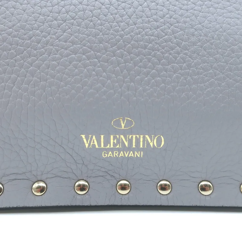 Valentino Rockstud Envelope Pouch Gray Grained Leather Medium Clutch Bag NEW