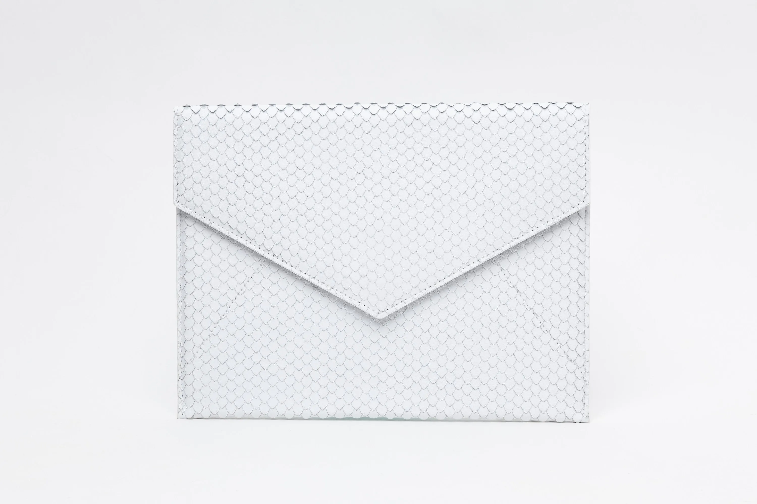 Vesper Leather Envelope Clutch/White Snakeskin Embossed
