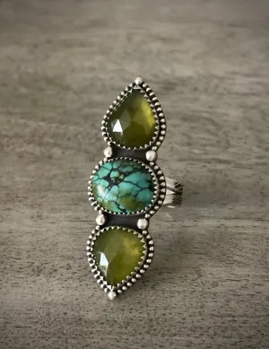 Vesuvianite & Turquoise Triple Stoned Ring
