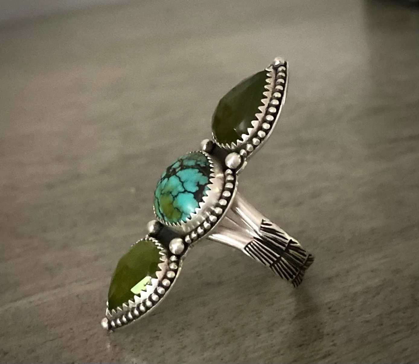 Vesuvianite & Turquoise Triple Stoned Ring