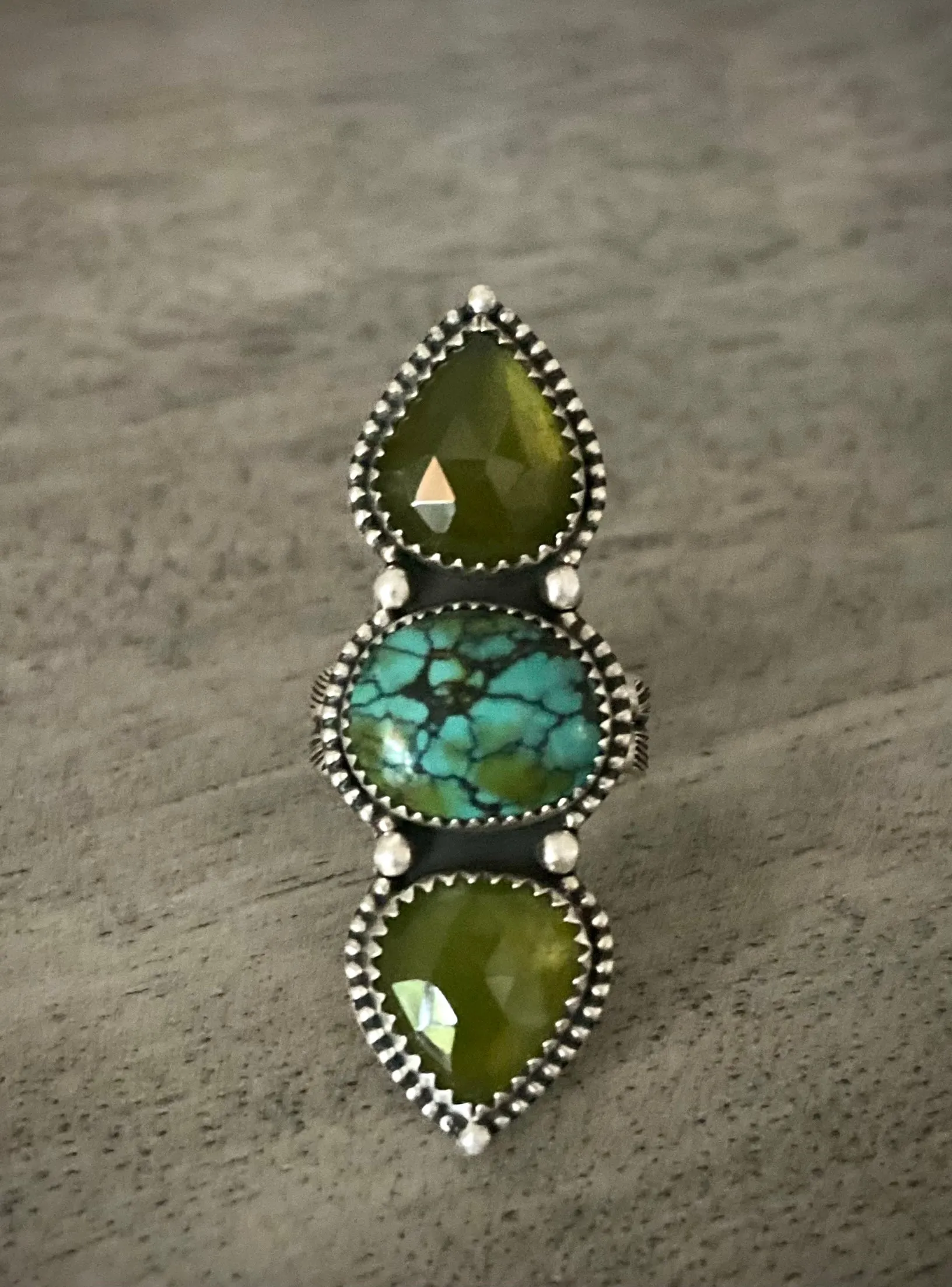Vesuvianite & Turquoise Triple Stoned Ring