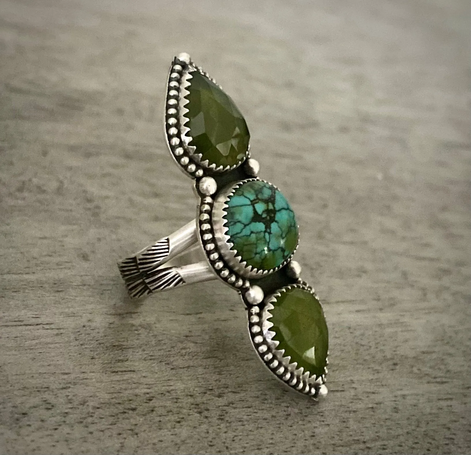 Vesuvianite & Turquoise Triple Stoned Ring