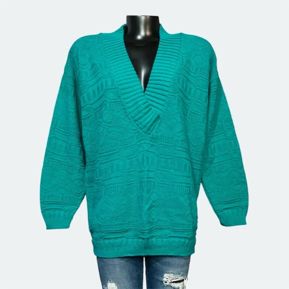 Vintage 80s NEW Adele Kintwear Womens Medium Oversized Sweater Plunge V-Neckline