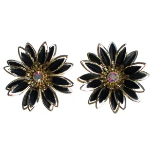 Vintage Black Daisy and Gold Daisy with Aurora Borealis Crystal Statement Earrings