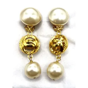 Vintage Chanel Pearl Drop Earrings with Round Sphere CC's
