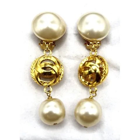 Vintage Chanel Pearl Drop Earrings with Round Sphere CC's