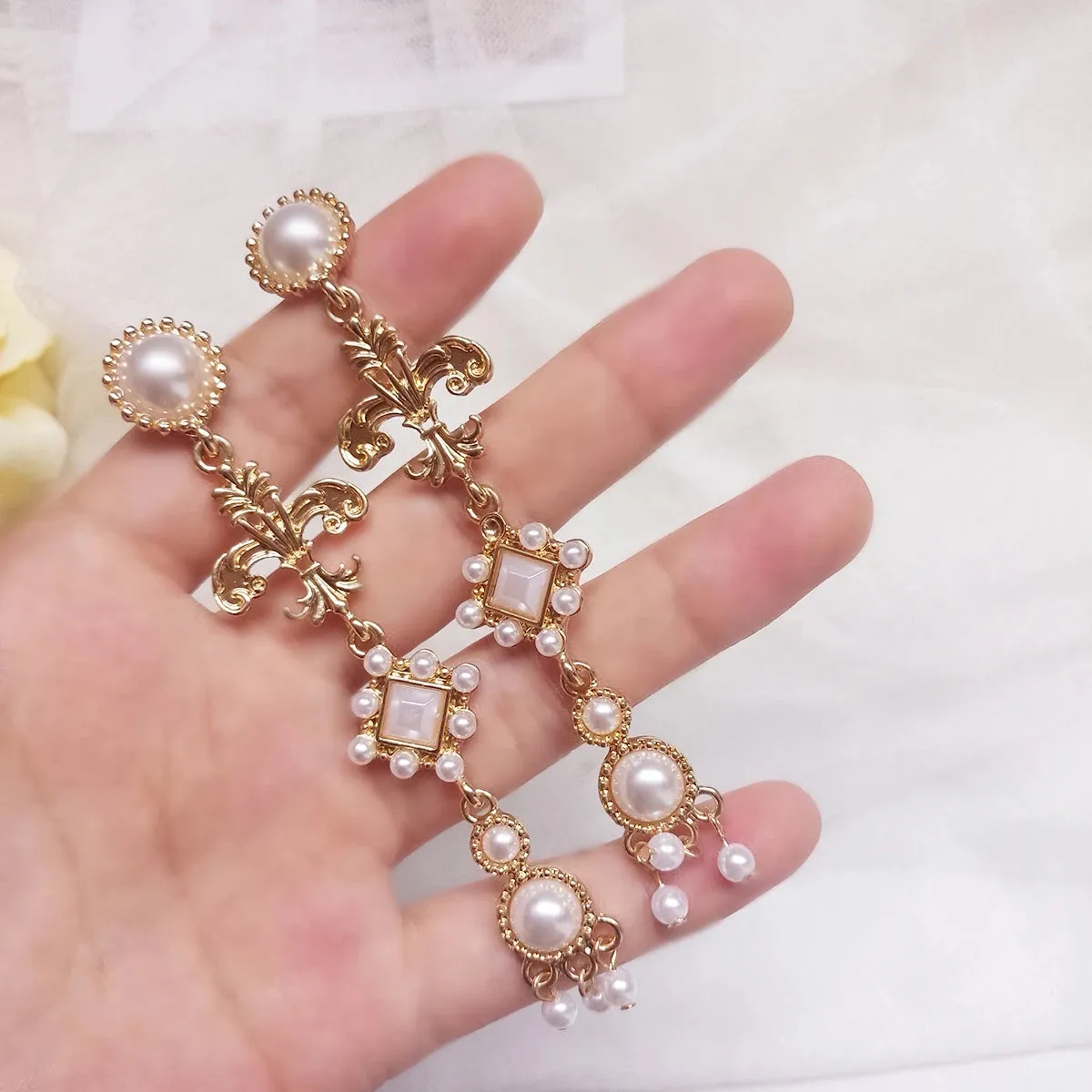 Vintage French Baroque Cross Pearl Clip-On Earrings