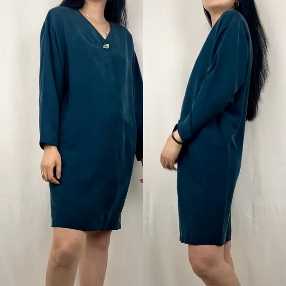 Vintage Jones New York Dark Blue Silk Shirt Dress