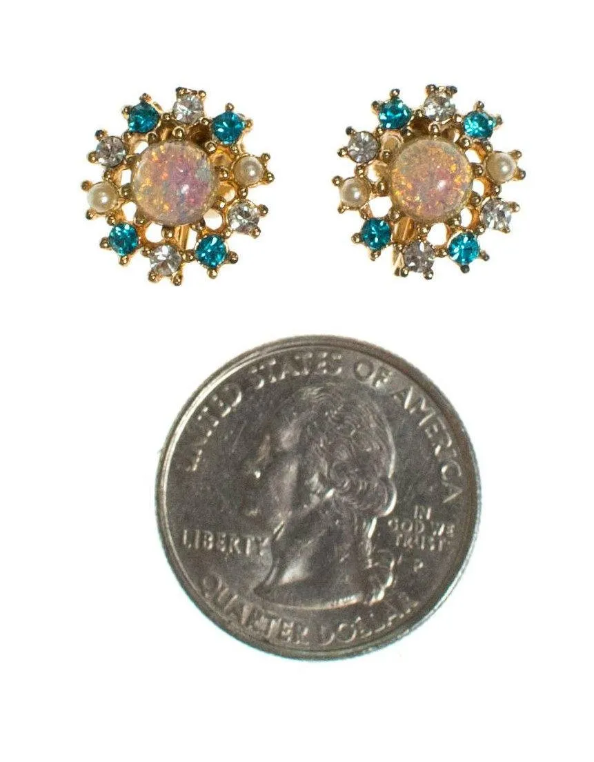 Vintage Opaline, Blue Topaz Crystal, and Faux Seed Pearl, Screw Backs