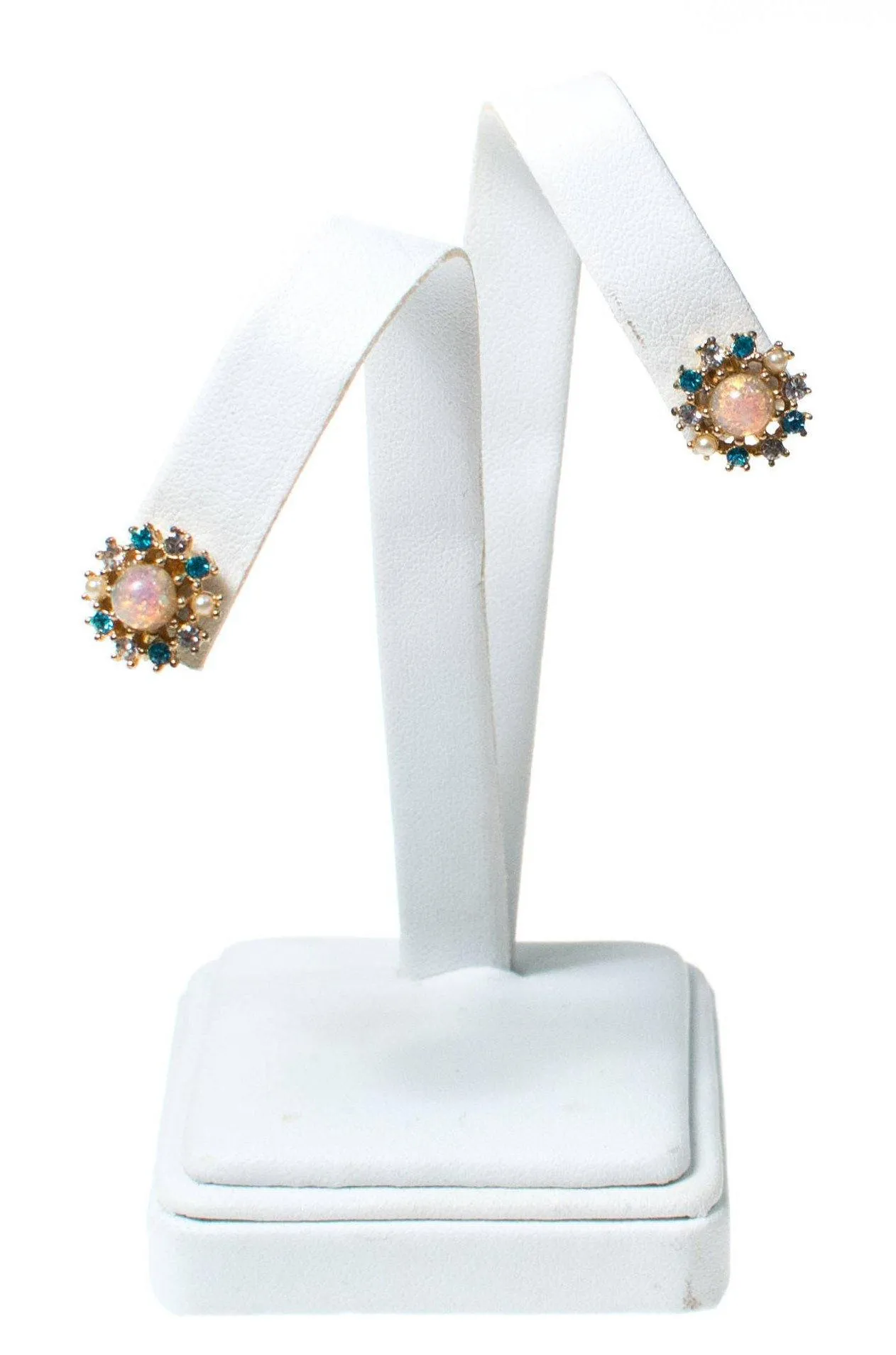 Vintage Opaline, Blue Topaz Crystal, and Faux Seed Pearl, Screw Backs