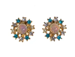 Vintage Opaline, Blue Topaz Crystal, and Faux Seed Pearl, Screw Backs