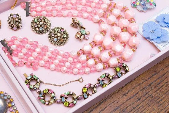 Vintage Pastel Rhinestone, Faux Pearl, Statement Earrings, Antique Gold Tone, Clip Back