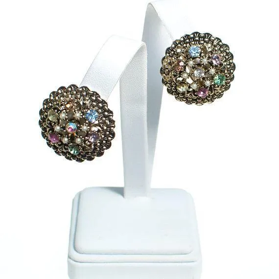Vintage Pastel Rhinestone, Faux Pearl, Statement Earrings, Antique Gold Tone, Clip Back