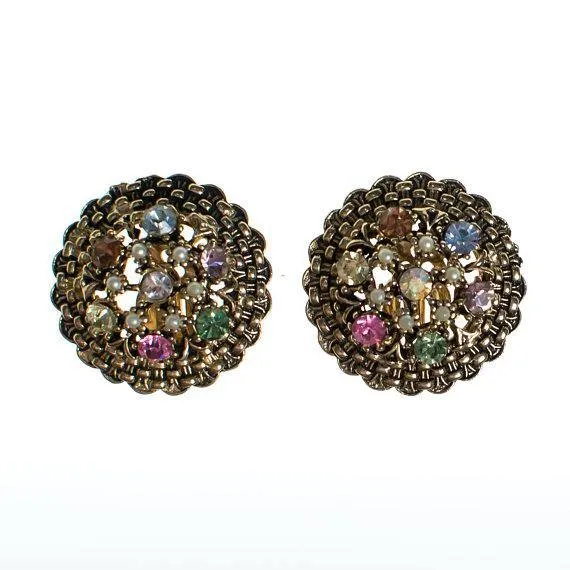 Vintage Pastel Rhinestone, Faux Pearl, Statement Earrings, Antique Gold Tone, Clip Back