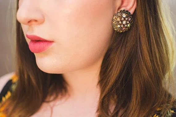 Vintage Pastel Rhinestone, Faux Pearl, Statement Earrings, Antique Gold Tone, Clip Back