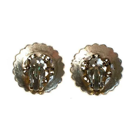 Vintage Pastel Rhinestone, Faux Pearl, Statement Earrings, Antique Gold Tone, Clip Back