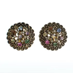 Vintage Pastel Rhinestone, Faux Pearl, Statement Earrings, Antique Gold Tone, Clip Back