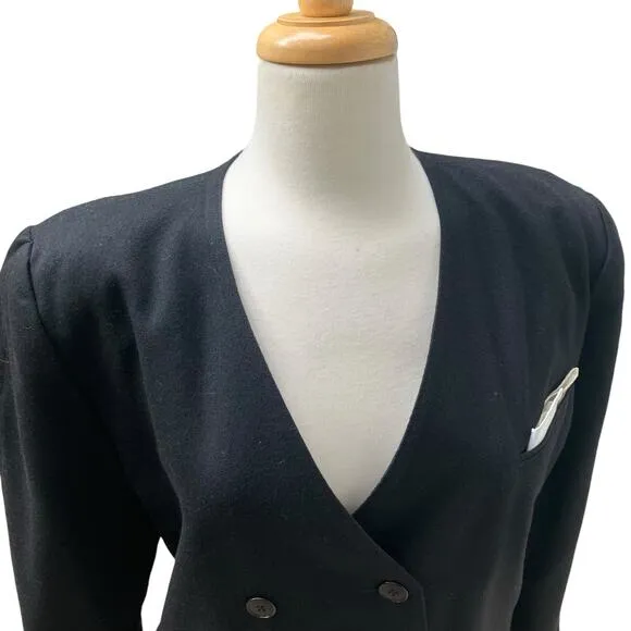 Vtg Mondi Blazer Jacket Sz 40/8 Black Double Breasted V Neck Wool Careerwear