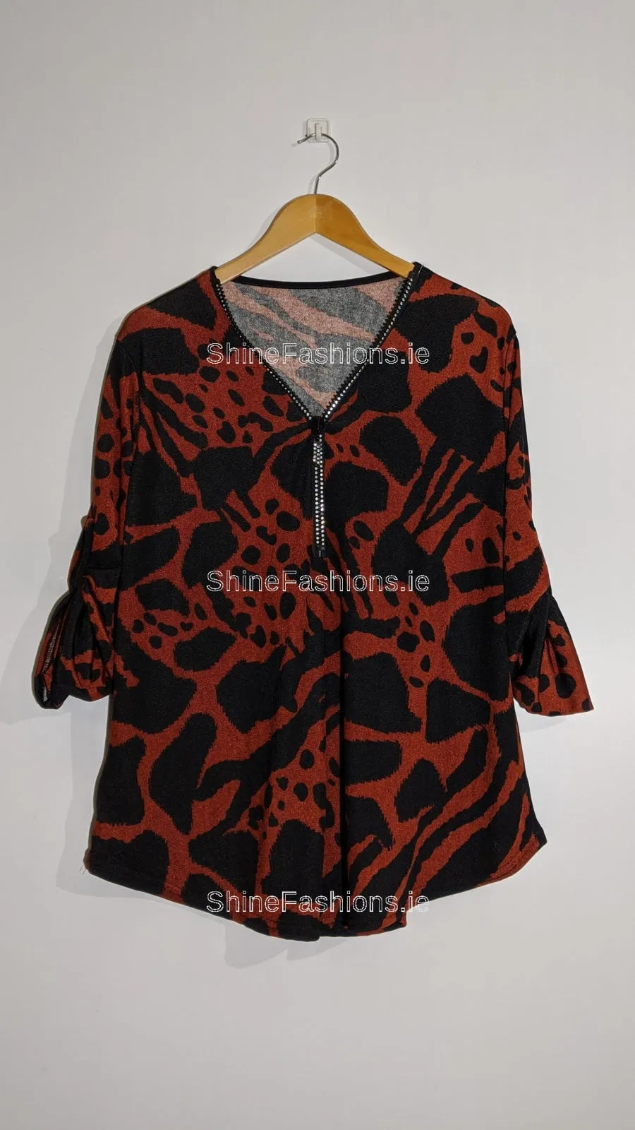 Wine Animal Print Zip Detail Top