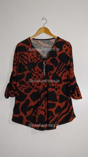 Wine Animal Print Zip Detail Top
