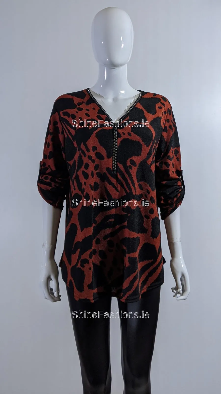 Wine Animal Print Zip Detail Top