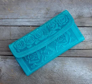 WOMENS LEATHER aqua green rose STAMPED slim trifold wallet