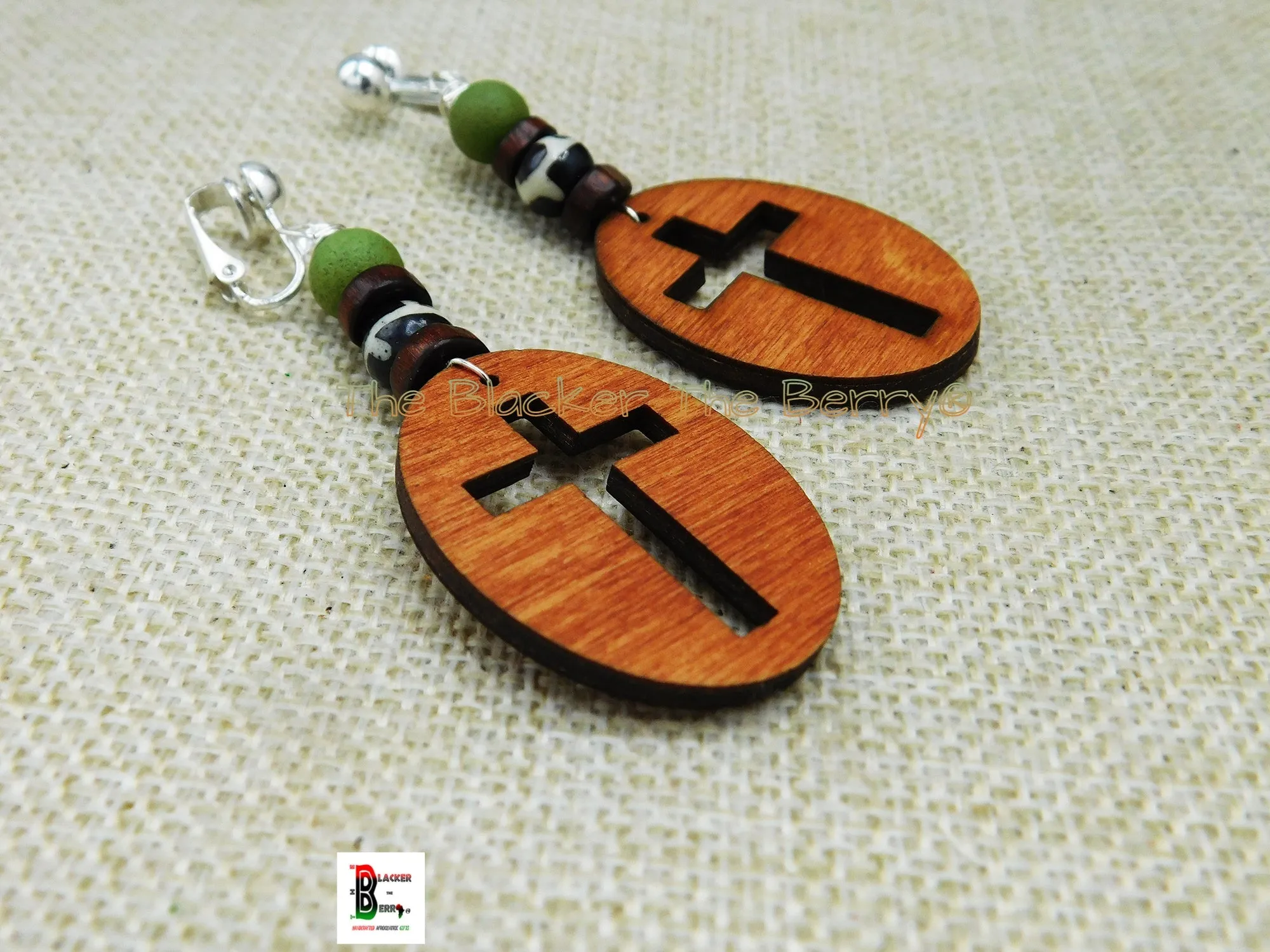 Wooden Cross Clip On Earrings Handmade Black Owned Women Jewelry