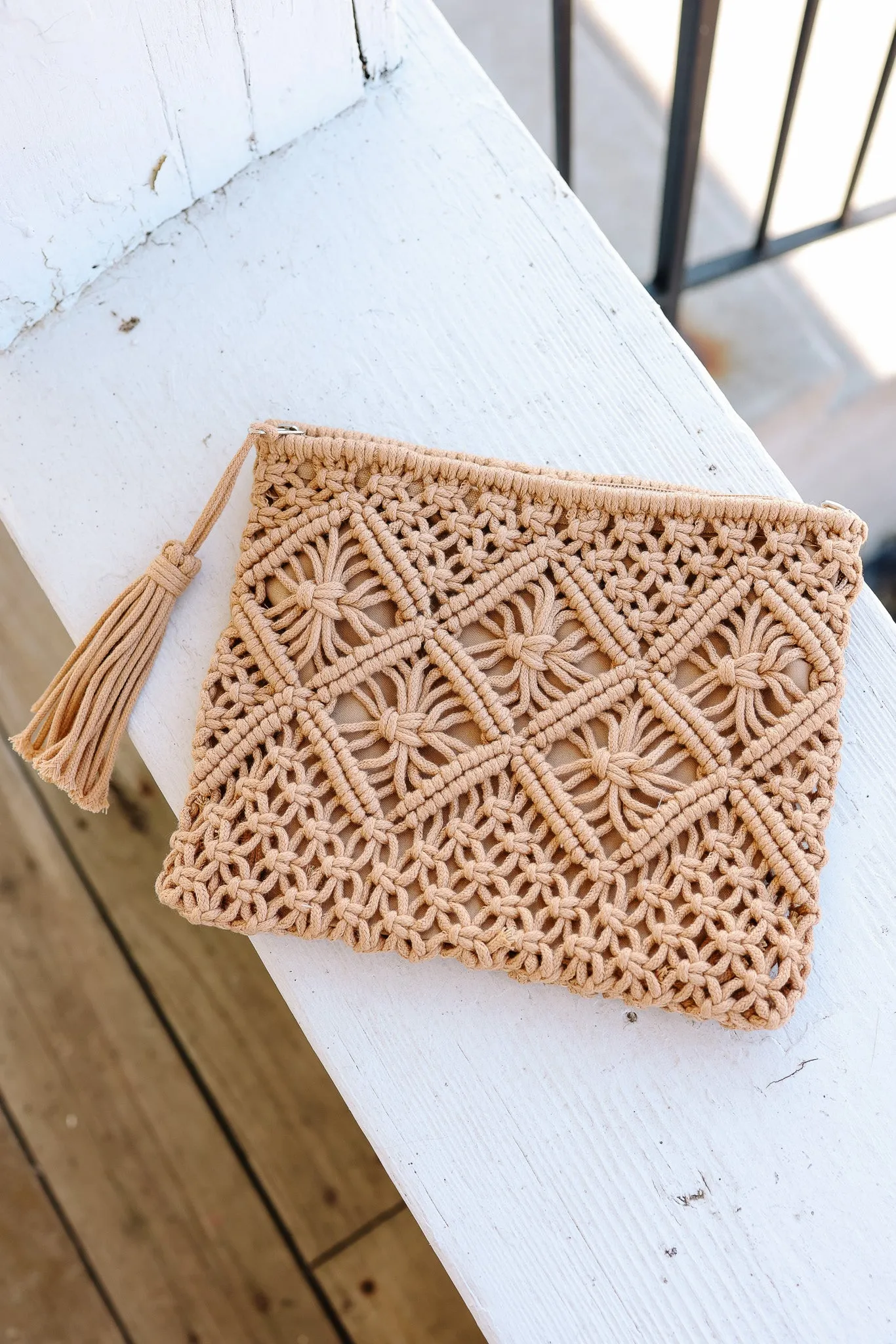 Woven Bohemian Tassel Crochet Clutch - Camel