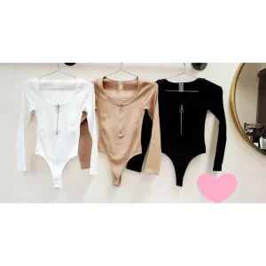 Zip Up Rib Longsleeve Bodysuit Top - Black